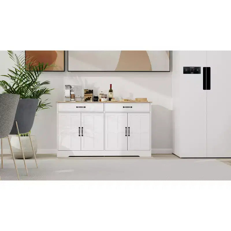 Desserte en bois blanc de 142 cm avec portes de style Shaker