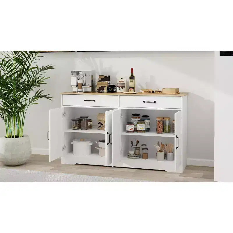 Desserte en bois blanc de 142 cm avec portes de style Shaker