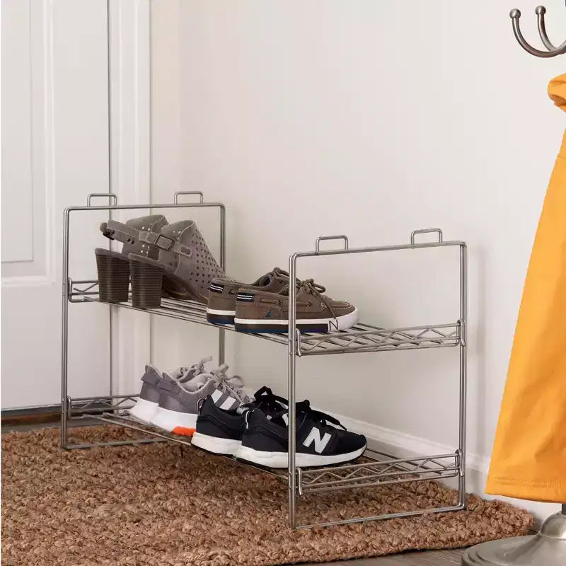 Étagère à chaussures métallique empilable à deux niveaux pour rangement de placard | Argent