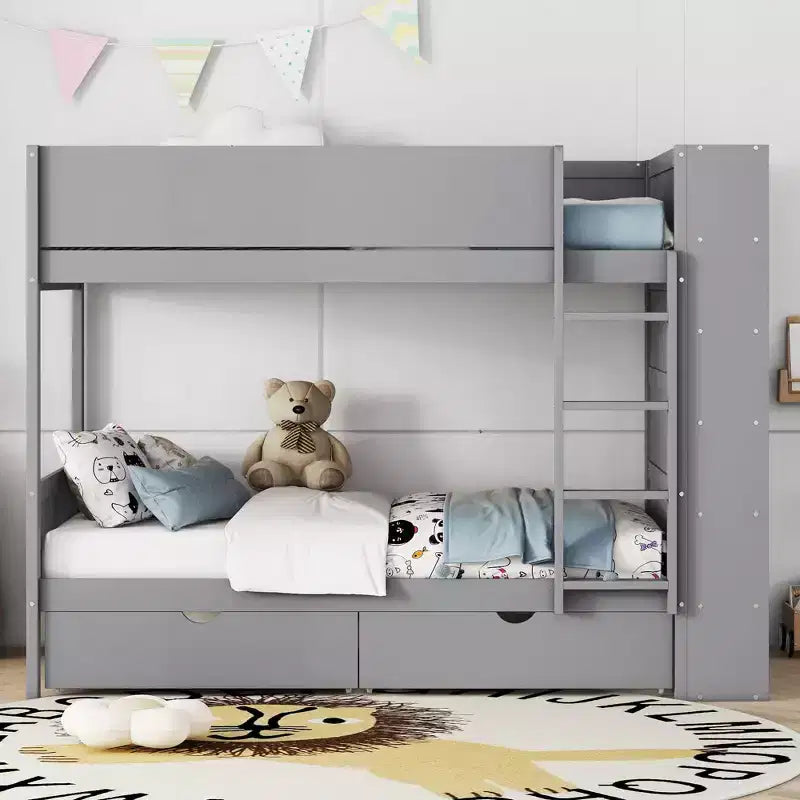 Lit superposé jumeau sur jumeau / double sur double avec 2 tiroirs et une armoire à plusieurs niveaux, blanc/gris