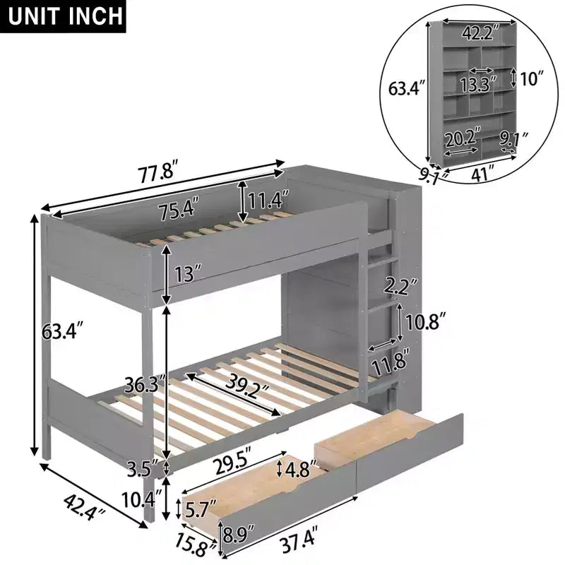 Lit superposé jumeau sur jumeau / double sur double avec 2 tiroirs et une armoire à plusieurs niveaux, blanc/gris