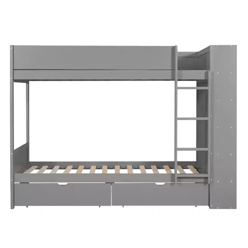 Lit superposé jumeau sur jumeau / double sur double avec 2 tiroirs et une armoire à plusieurs niveaux, blanc/gris