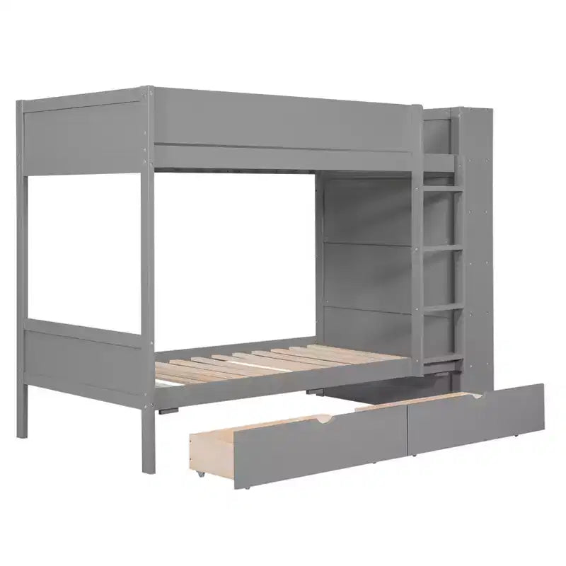 Lit superposé jumeau sur jumeau / double sur double avec 2 tiroirs et une armoire à plusieurs niveaux, blanc/gris