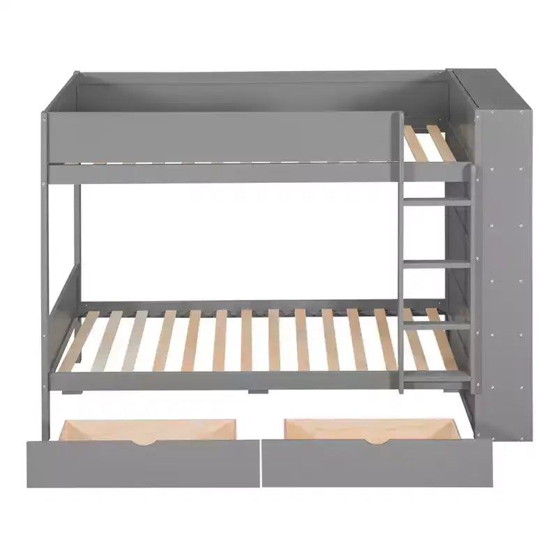 Lit superposé jumeau sur jumeau / double sur double avec 2 tiroirs et une armoire à plusieurs niveaux, blanc/gris