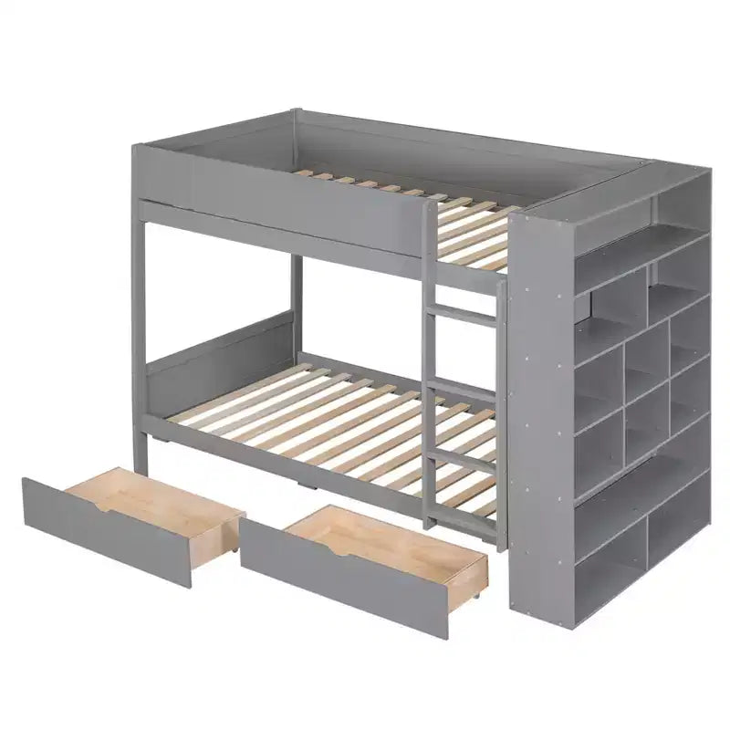 Lit superposé jumeau sur jumeau / double sur double avec 2 tiroirs et une armoire à plusieurs niveaux, blanc/gris