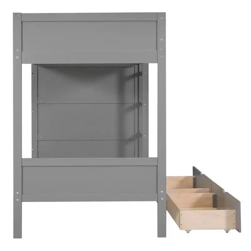Lit superposé jumeau sur jumeau / double sur double avec 2 tiroirs et une armoire à plusieurs niveaux, blanc/gris