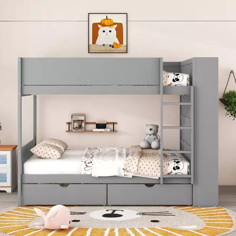 Lit superposé jumeau sur jumeau / double sur double avec 2 tiroirs et une armoire à plusieurs niveaux, blanc/gris