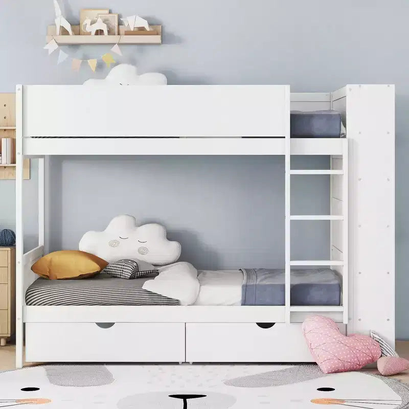 Lit superposé jumeau sur jumeau / double sur double avec 2 tiroirs et une armoire à plusieurs niveaux, blanc/gris