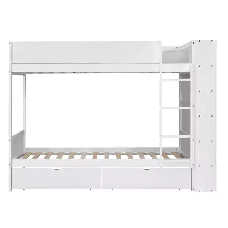 Lit superposé jumeau sur jumeau / double sur double avec 2 tiroirs et une armoire à plusieurs niveaux, blanc/gris