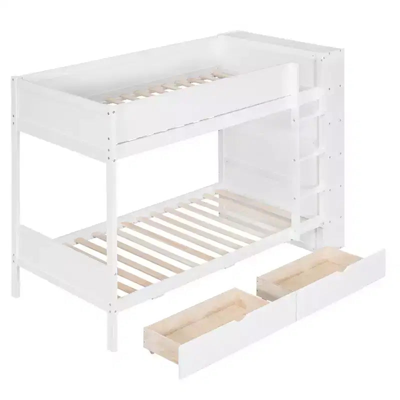 Lit superposé jumeau sur jumeau / double sur double avec 2 tiroirs et une armoire à plusieurs niveaux, blanc/gris
