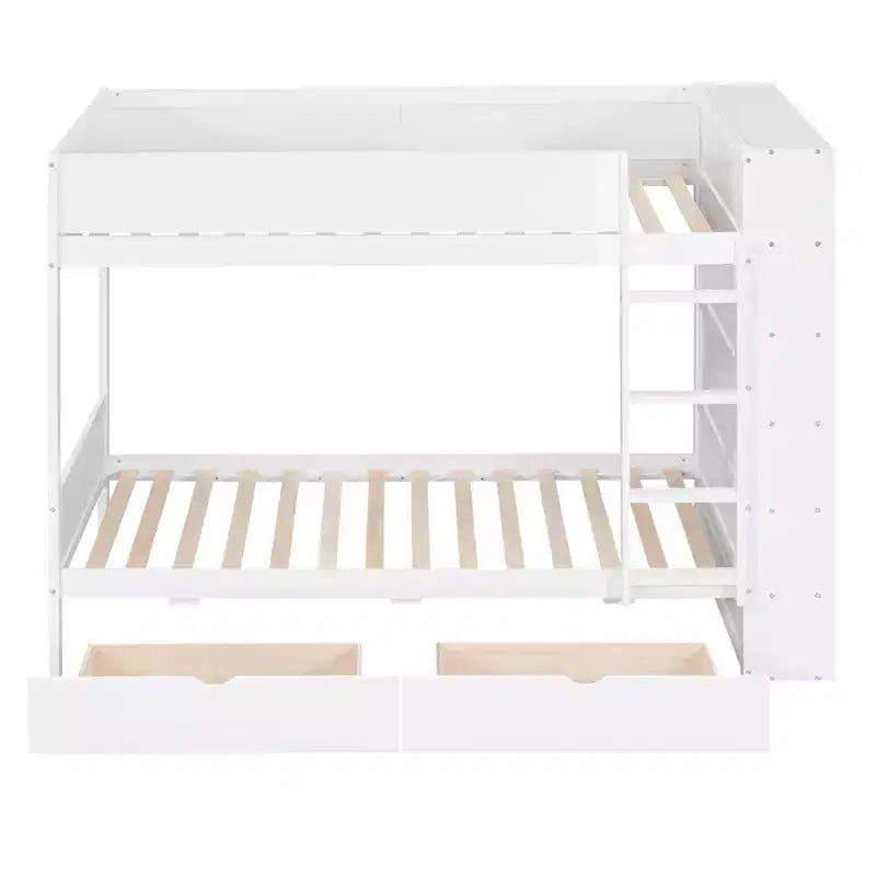 Lit superposé jumeau sur jumeau / double sur double avec 2 tiroirs et une armoire à plusieurs niveaux, blanc/gris