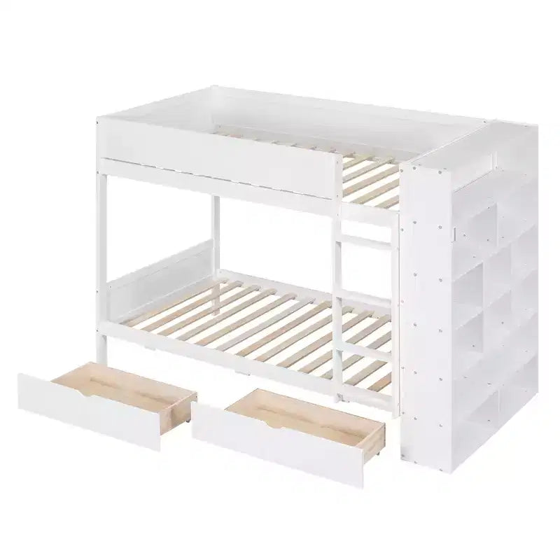 Lit superposé jumeau sur jumeau / double sur double avec 2 tiroirs et une armoire à plusieurs niveaux, blanc/gris