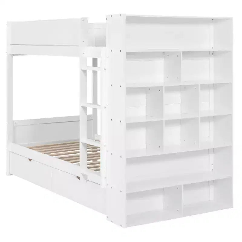 Lit superposé jumeau sur jumeau / double sur double avec 2 tiroirs et une armoire à plusieurs niveaux, blanc/gris