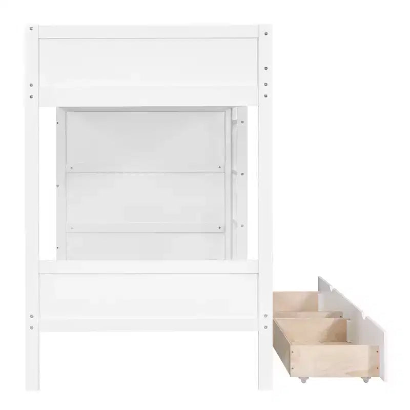 Lit superposé jumeau sur jumeau / double sur double avec 2 tiroirs et une armoire à plusieurs niveaux, blanc/gris