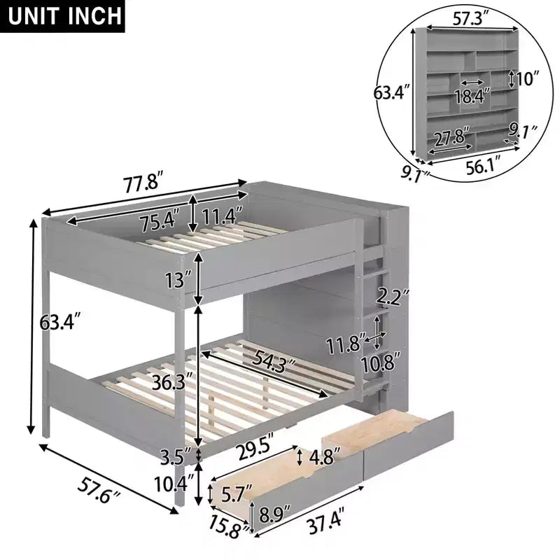 Lit superposé jumeau sur jumeau / double sur double avec 2 tiroirs et une armoire à plusieurs niveaux, blanc/gris