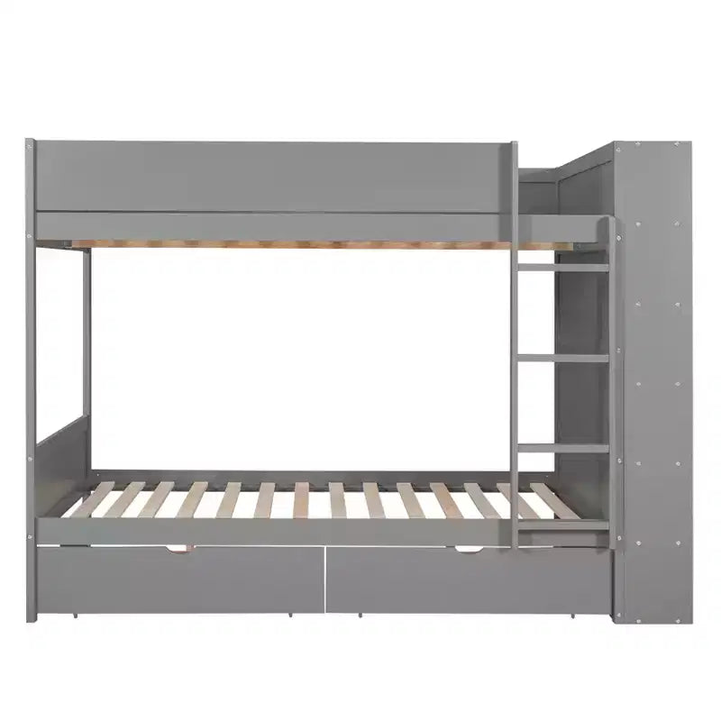 Lit superposé jumeau sur jumeau / double sur double avec 2 tiroirs et une armoire à plusieurs niveaux, blanc/gris