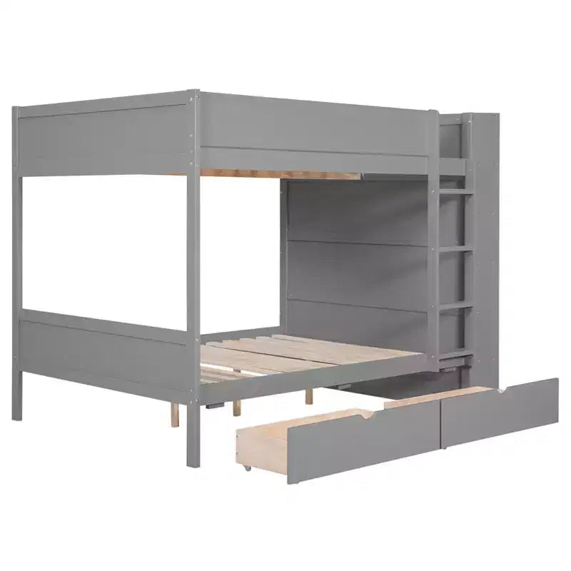 Lit superposé jumeau sur jumeau / double sur double avec 2 tiroirs et une armoire à plusieurs niveaux, blanc/gris