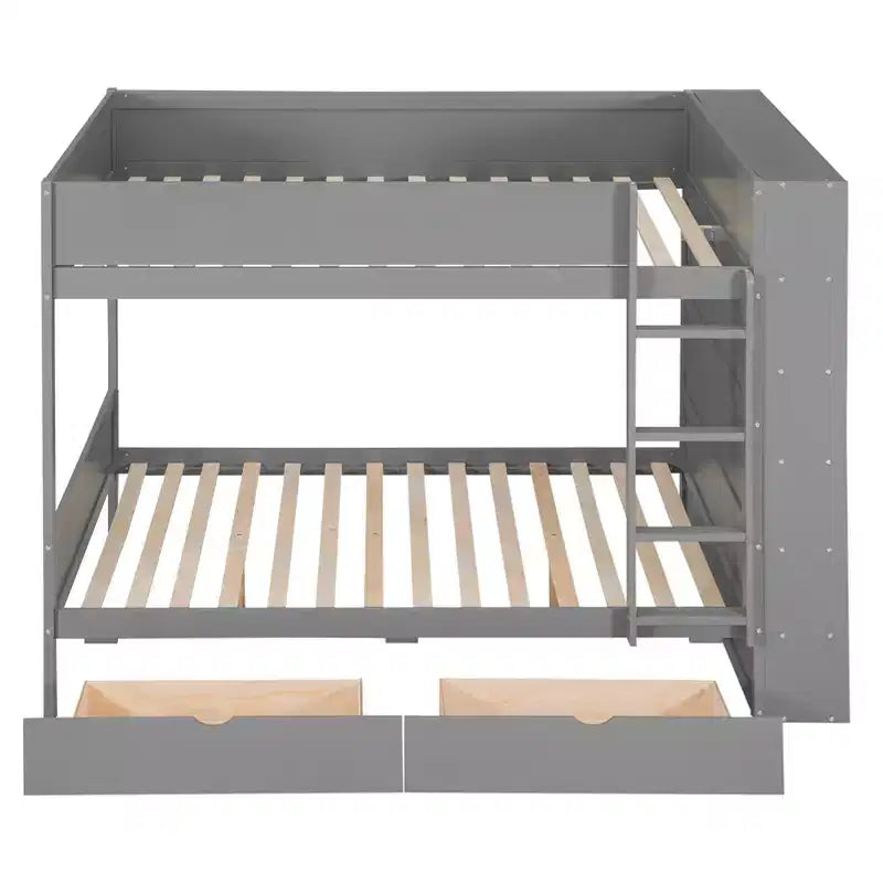 Lit superposé jumeau sur jumeau / double sur double avec 2 tiroirs et une armoire à plusieurs niveaux, blanc/gris