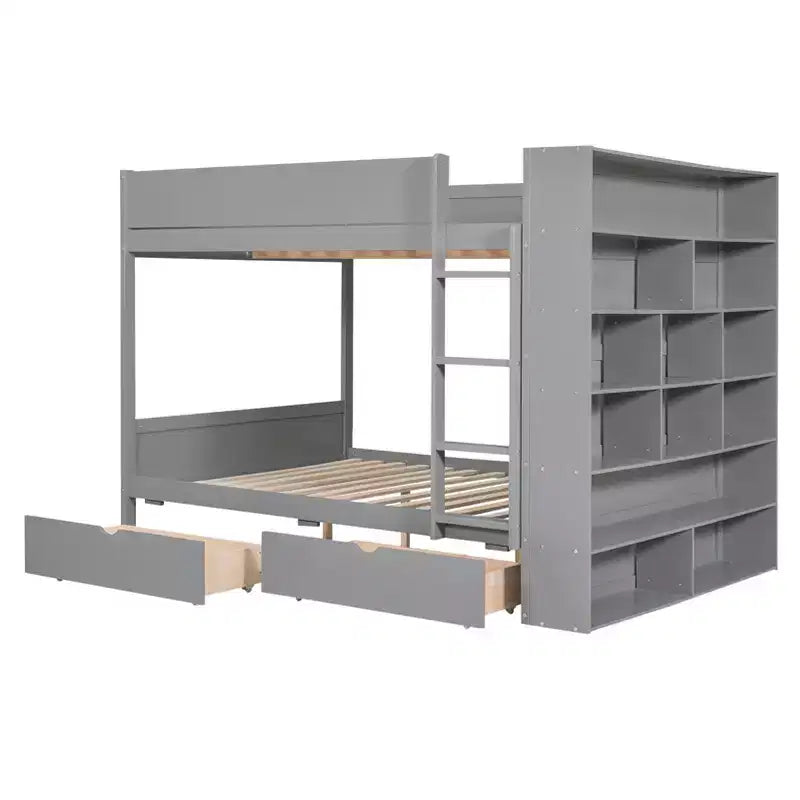 Lit superposé jumeau sur jumeau / double sur double avec 2 tiroirs et une armoire à plusieurs niveaux, blanc/gris