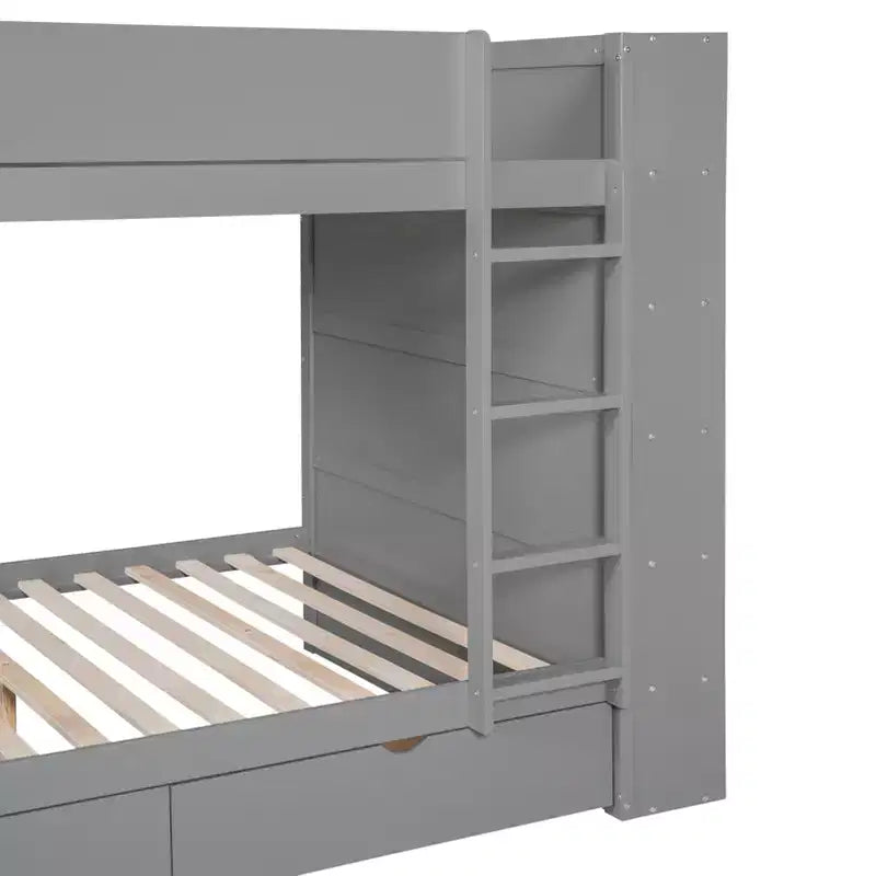Lit superposé jumeau sur jumeau / double sur double avec 2 tiroirs et une armoire à plusieurs niveaux, blanc/gris