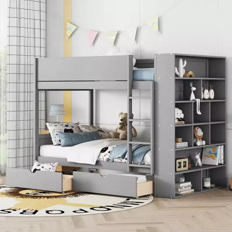 Lit superposé jumeau sur jumeau / double sur double avec 2 tiroirs et une armoire à plusieurs niveaux, blanc/gris