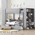 Lit superposé jumeau sur jumeau / double sur double avec 2 tiroirs et une armoire à plusieurs niveaux, blanc/gris