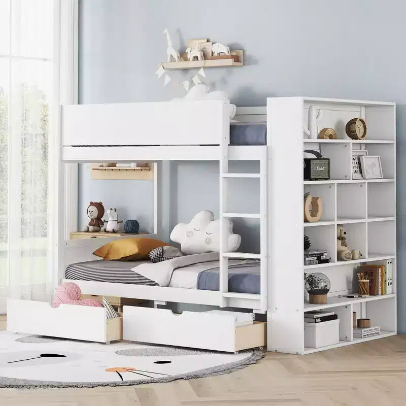 Lit superposé jumeau sur jumeau / double sur double avec 2 tiroirs et une armoire à plusieurs niveaux, blanc/gris