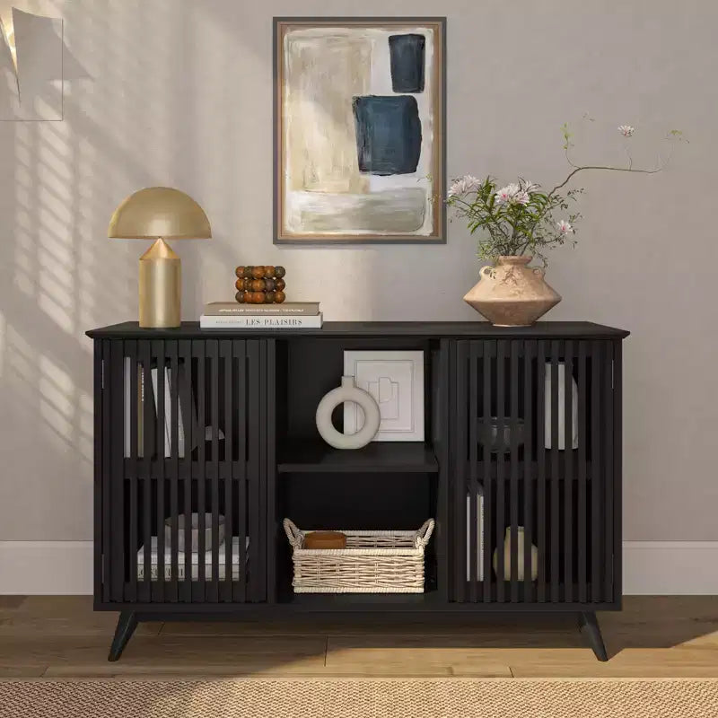 Buffet pin massif style Mid-Century avec 2 portes à ouverture par pression, meuble TV 49"