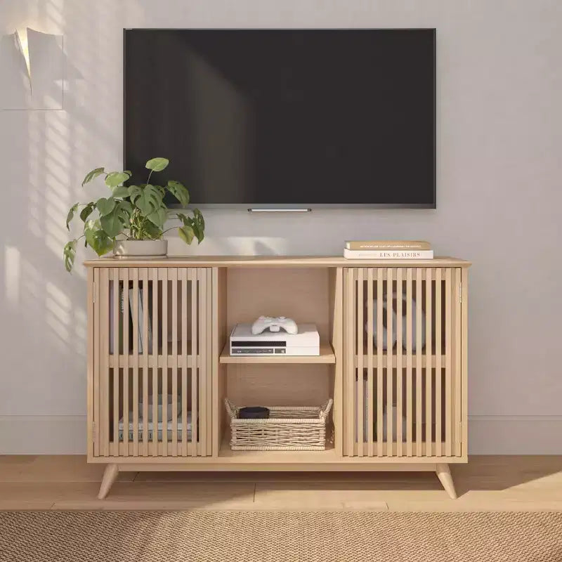 Buffet pin massif style Mid-Century avec 2 portes à ouverture par pression, meuble TV 49"