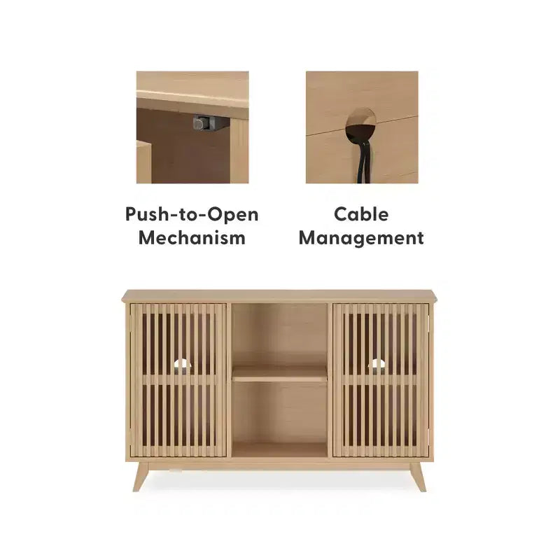 Buffet pin massif style Mid-Century avec 2 portes à ouverture par pression, meuble TV 49"