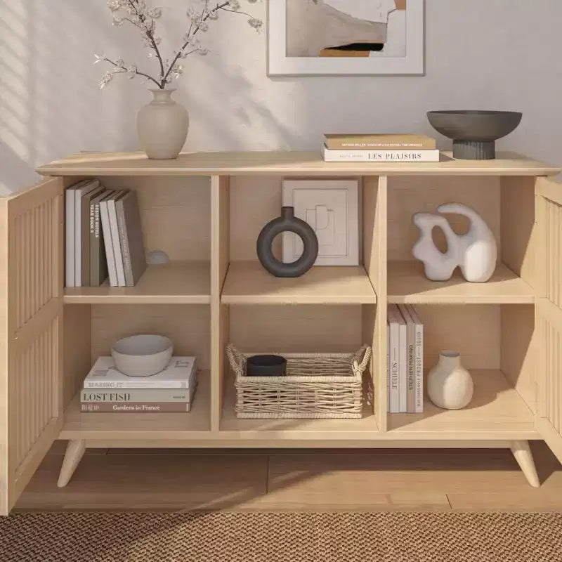 Buffet pin massif style Mid-Century avec 2 portes à ouverture par pression, meuble TV 49"