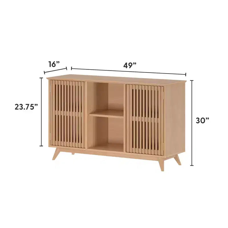 Buffet pin massif style Mid-Century avec 2 portes à ouverture par pression, meuble TV 49"