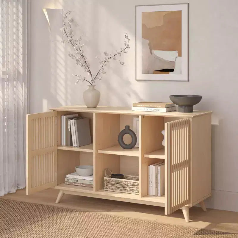 Buffet pin massif style Mid-Century avec 2 portes à ouverture par pression, meuble TV 49"