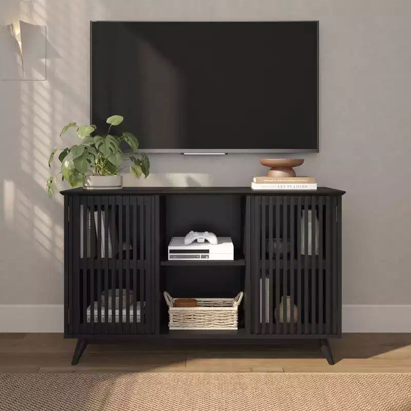 Buffet pin massif style Mid-Century avec 2 portes à ouverture par pression, meuble TV 49"
