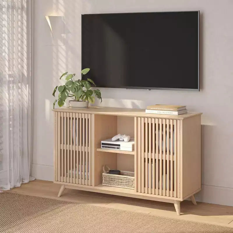 Buffet pin massif style Mid-Century avec 2 portes à ouverture par pression, meuble TV 49"