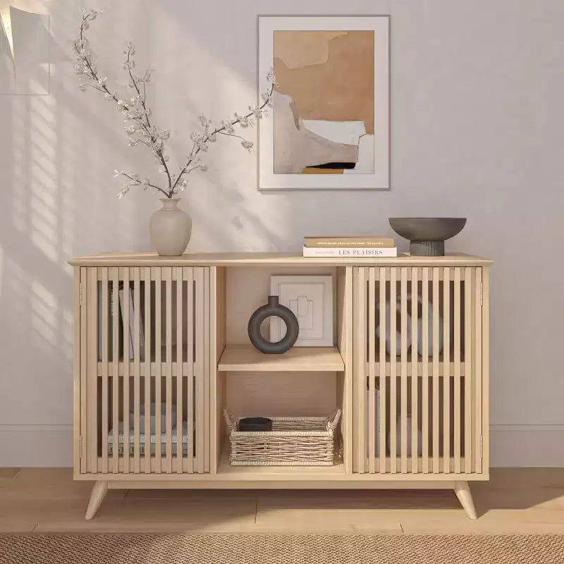 Buffet pin massif style Mid-Century avec 2 portes à ouverture par pression, meuble TV 49"