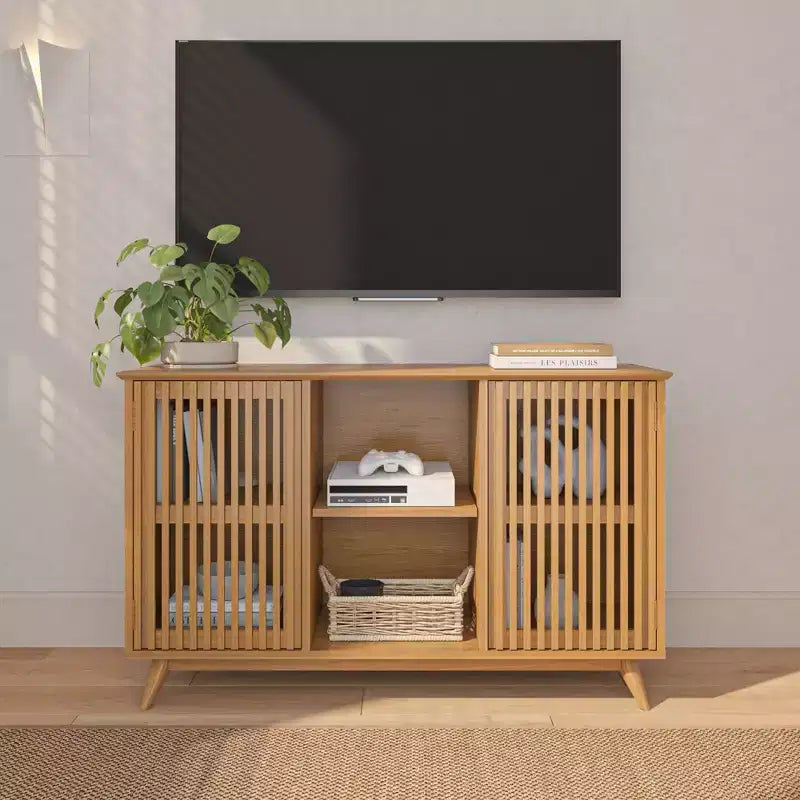 Buffet pin massif style Mid-Century avec 2 portes à ouverture par pression, meuble TV 49"