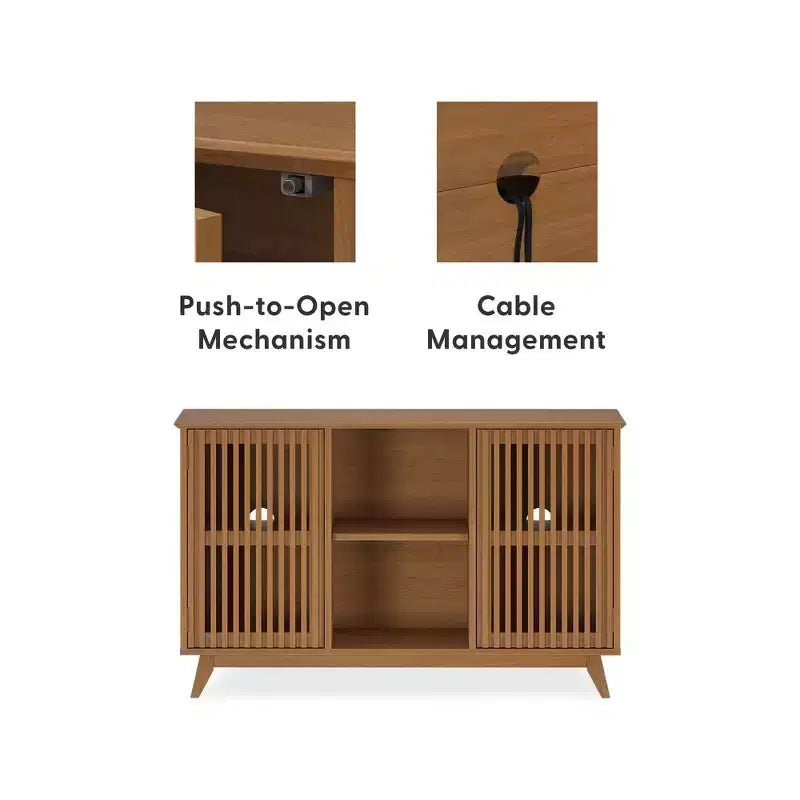 Buffet pin massif style Mid-Century avec 2 portes à ouverture par pression, meuble TV 49"