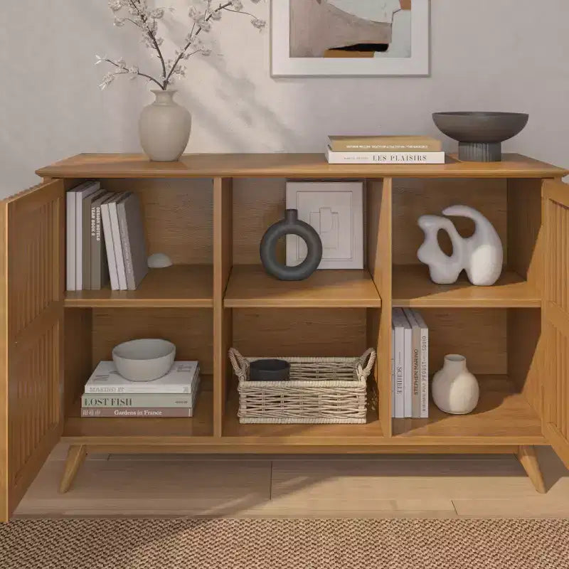 Buffet pin massif style Mid-Century avec 2 portes à ouverture par pression, meuble TV 49"