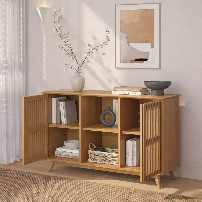 Buffet pin massif style Mid-Century avec 2 portes à ouverture par pression, meuble TV 49"