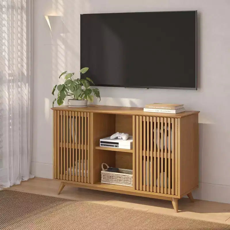Buffet pin massif style Mid-Century avec 2 portes à ouverture par pression, meuble TV 49"