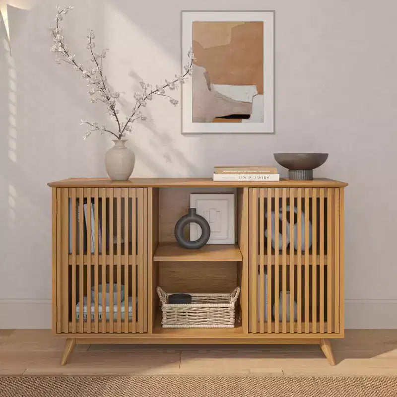 Buffet pin massif style Mid-Century avec 2 portes à ouverture par pression, meuble TV 49"