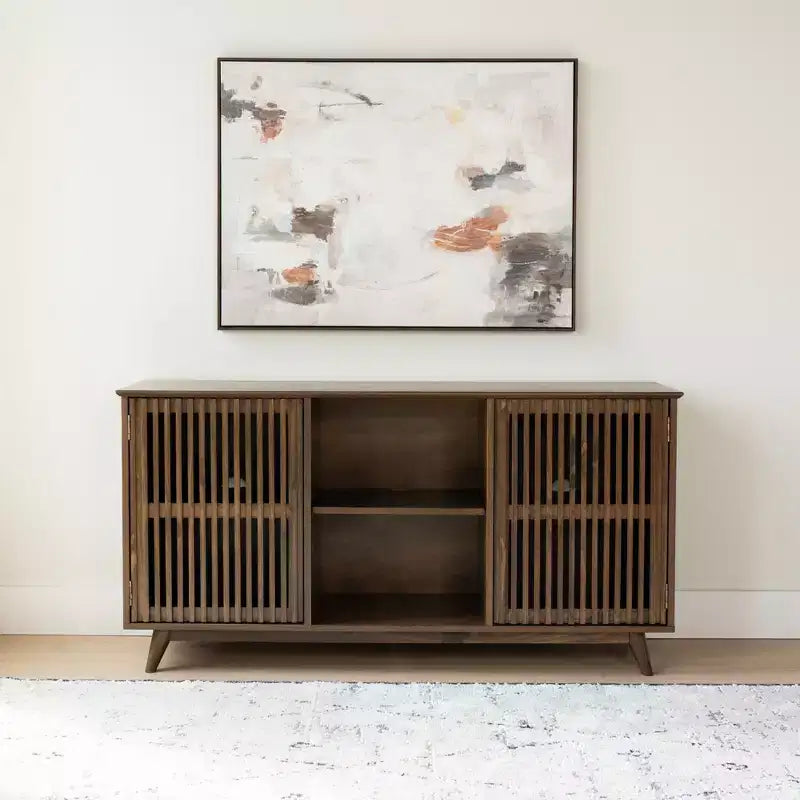 Buffet pin massif style Mid-Century avec 2 portes à ouverture par pression, meuble TV 49"