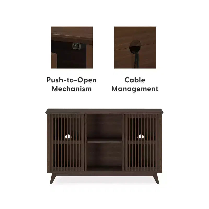 Buffet pin massif style Mid-Century avec 2 portes à ouverture par pression, meuble TV 49"