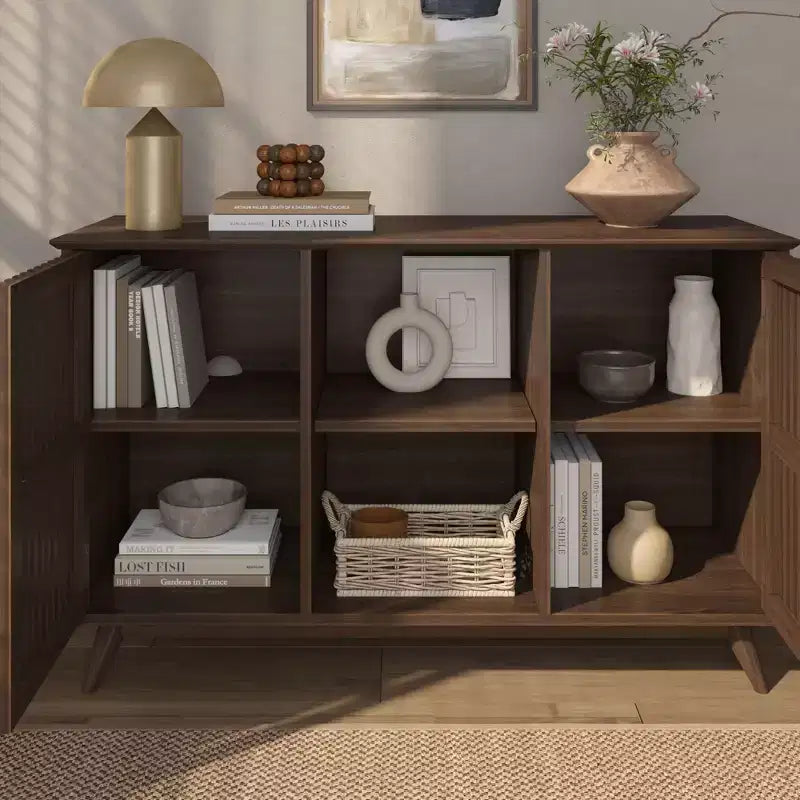 Buffet pin massif style Mid-Century avec 2 portes à ouverture par pression, meuble TV 49"