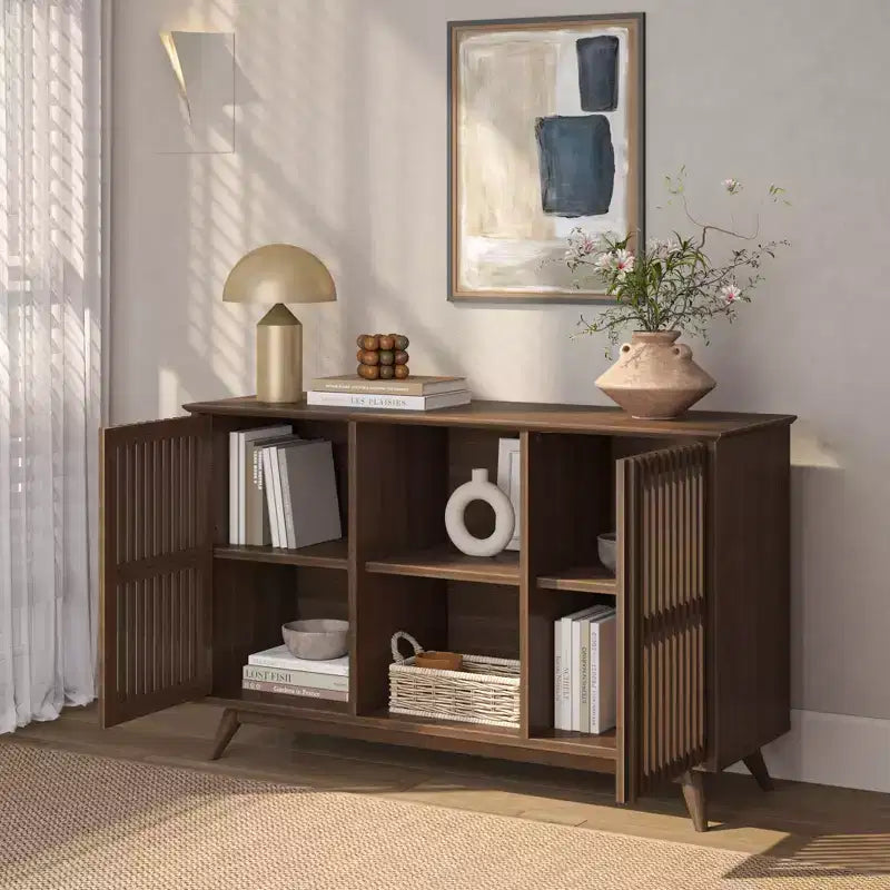 Buffet pin massif style Mid-Century avec 2 portes à ouverture par pression, meuble TV 49"