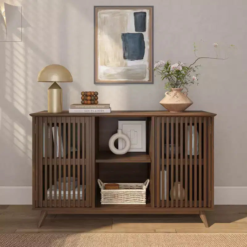 Buffet pin massif style Mid-Century avec 2 portes à ouverture par pression, meuble TV 49"