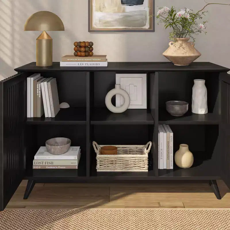 Buffet pin massif style Mid-Century avec 2 portes à ouverture par pression, meuble TV 49"