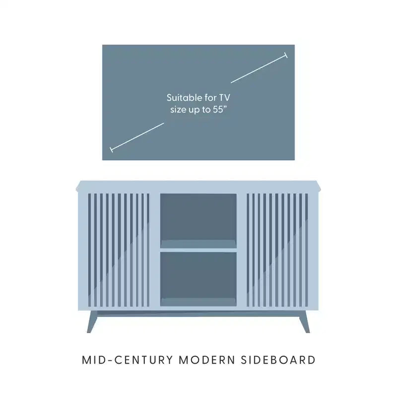 Buffet pin massif style Mid-Century avec 2 portes à ouverture par pression, meuble TV 49"