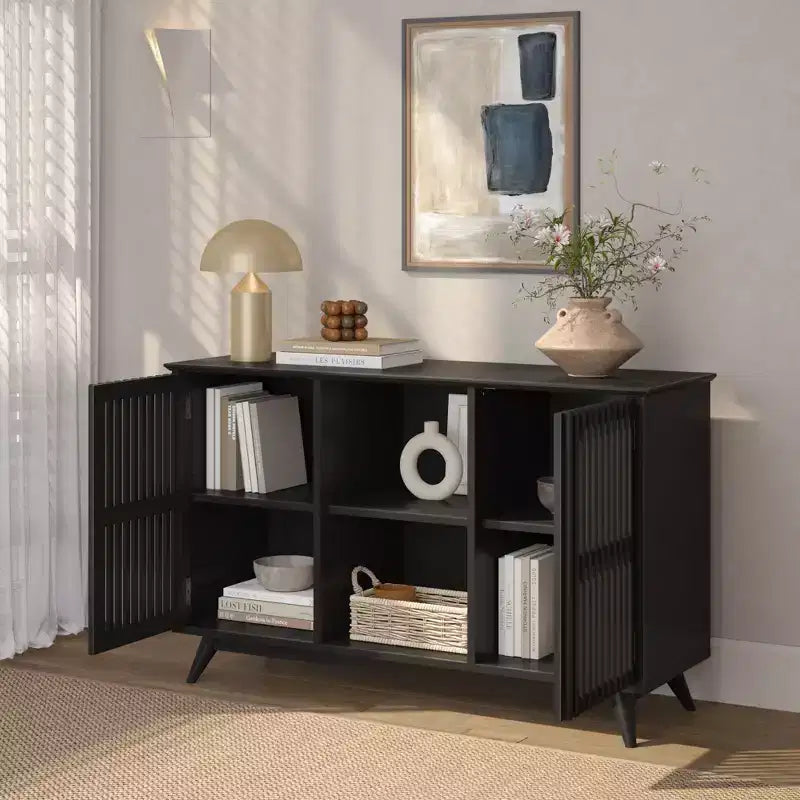 Buffet pin massif style Mid-Century avec 2 portes à ouverture par pression, meuble TV 49"